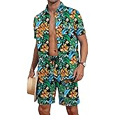 YTD Mens Flower Hawaiian 2 Piece Outfit Sets Short Sleeve Beach Casual Button Down Shirt and Shorts Suits
