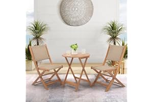 SUNSITT 3 Piece Patio Furniture Set Acacia Wood Outdoor Folding Table and Chairs Wicker Balcony Furniture Set Bistro Set with Round Coffee Table for Garden, Backyard, Porch