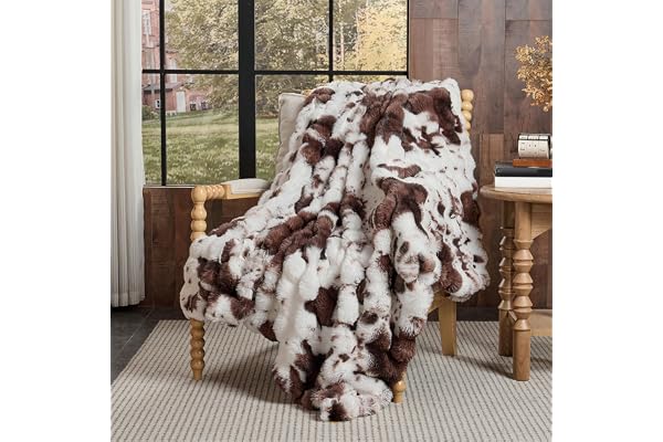 Lotus Karen Faux Fur Throw Blanket Cow Print-Dark Brown 60x50 Inches, Fluffy Fuzzy Plush Bubble Blanket for Couch, Cozy Shagg