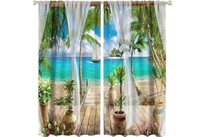 ZHANGWUQIANG123 Sunlight Beach Blackout Window Curtains, Tropical Ocean Sea Island Palm Tree Summer Scape Blocking Drapes, for Living Room Bedroom 31.5(W)*72(L) 2 Panels
