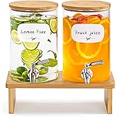 2 PCS 1 Gallon Glass Drink Dispenser for Parties. 2 Glass Beverage Dispenser with Bamboo Stand,18/8 Stainless Steel Spigot an