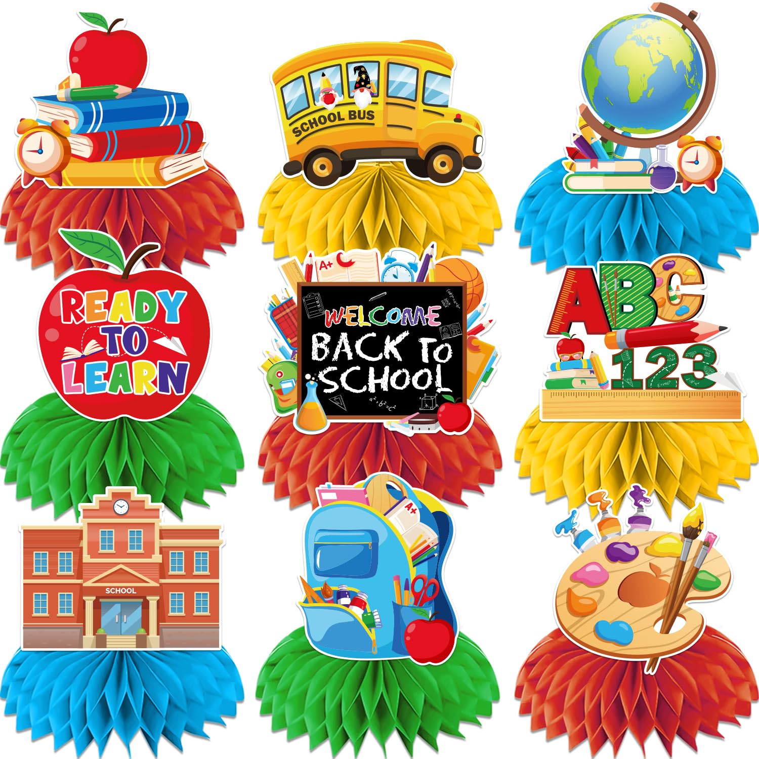 Photo 1 of Back To School Decorations Honeycomb Centerpiece, 9 Pcs Welcome Back To School Decorations Back To School Table Decorations, First Day of School Decorations for Table 3D Honeycomb Centerpieces
