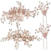 4 Pieces Bridal Rose Gold Hair Accessories for Brides and Bridesmaids Rhinestone Hair Pins Crystal Flower Barrette Wedding Combs with Leaves