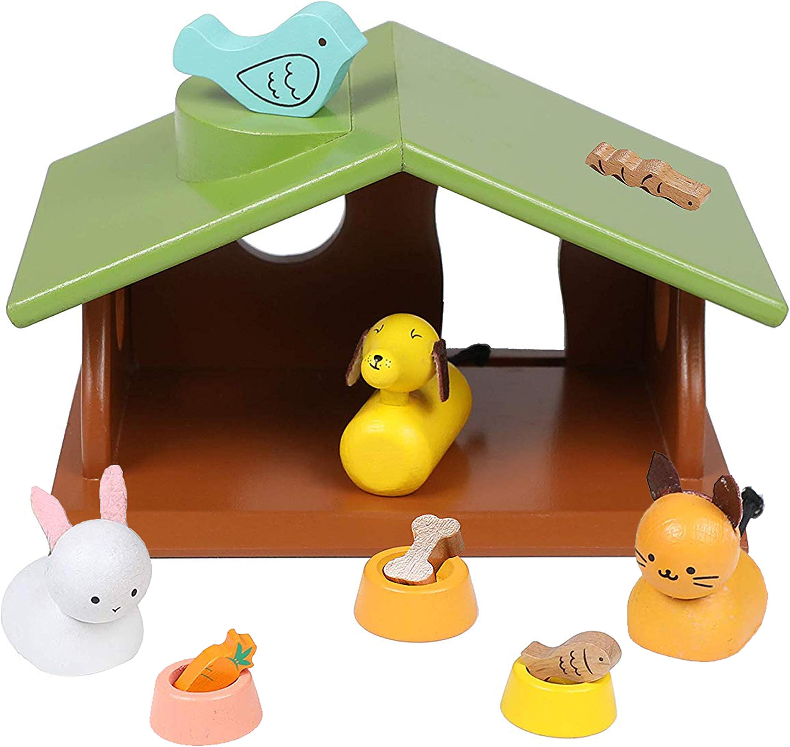 Top Right Toys Wooden Doll House Accessories Set for Pets - 12 pc Animal Playset Includes a Dog, Cat, Bird, and Bunny with Accessories, Pet House Toy for Kids