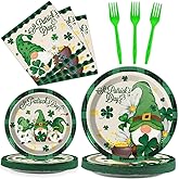 Wiooffen 96 Pcs St. Patrick’s Day Plates and Napkins Green Shamrock Gnome Lucky Tableware Set Irish Festival Party Supplies Table Decorations for 24 Guests