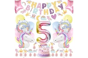 WORTHUG Unicorn 5th Birthday Party Decorations Supplies for Girls, Includes Banner, Balloons, Cake & Cupcake Toppers for Pastel Unicorn 5 Year Old Birthday Party Decorations