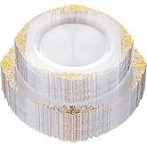 Nervure 100Pcs Clear and Gold Plastic Plates - Heavyweight Gold Disposable Plates - Plastic Plates Include 50Pcs 10.25inch Dinner Plate & 50Pcs 7.5inch Dessert Plate for Wedding & Party & Thanksgiving