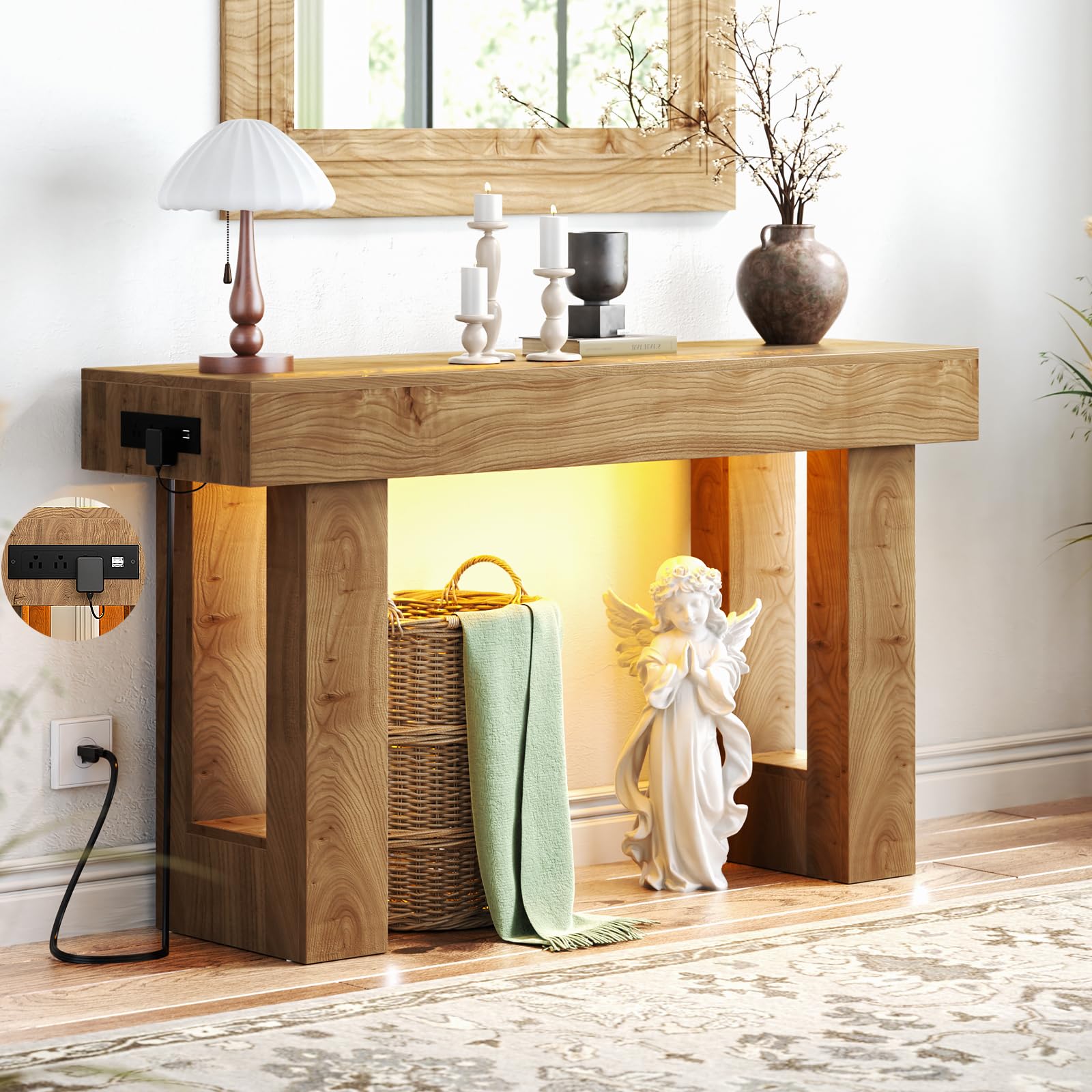 Photo 1 of ***FINAL SALE/NO RETURN, SOLD AS PARTS*** Unikito 47" Entryway Table with Socket and Sensor Light, Narrow Console Table with Storage Behind Couch, Farmhouse Entry Way Tables with Open Storage for Entrance/Hallway/Living Room, Natural Oak