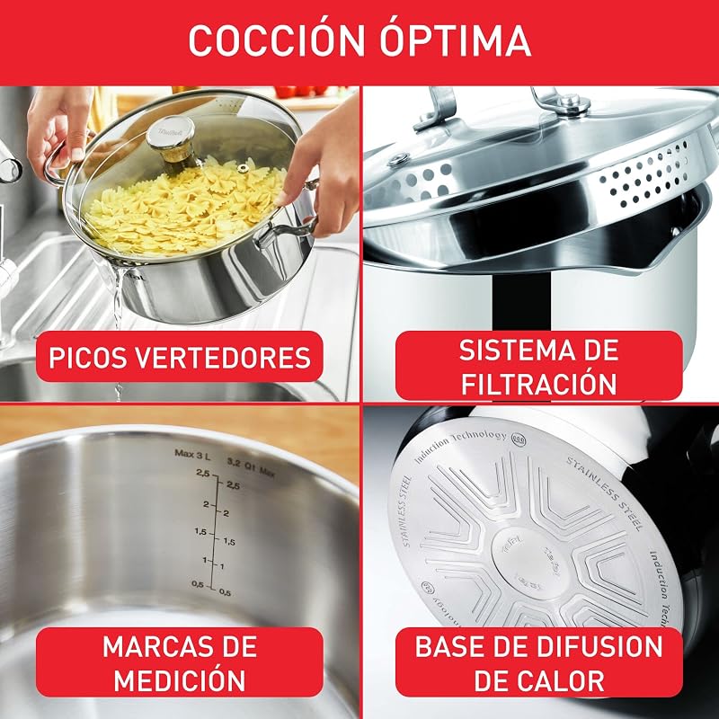 Tefal Duetto - Caçarola 24 cm | Cofre de indução, termofusão, máquina de lavar louça e forno, marcas de medição, aço inoxidável