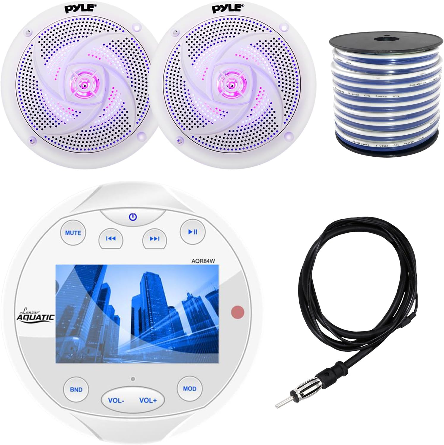 Lanzar AQR84W Round Aquatic Waterproof Marine Stereo in Dash Bluetooth Receiver - White, 2X Pyle PLMRS63WL 6.5" Marine 2 Way 240 Watts LED White Speakers, Enrock 18g Speaker Wire, 40" Antenna