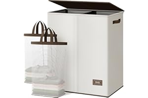SOLEDI Luxury Double Laundry Hamper with Lid and Removable Bags, Large Hamper for Laundry, Laundry Basket 2 Sections, Collapsible Ditry Clothes Hamper for Bedroom, Laundry Room, Bathroom, Off-white