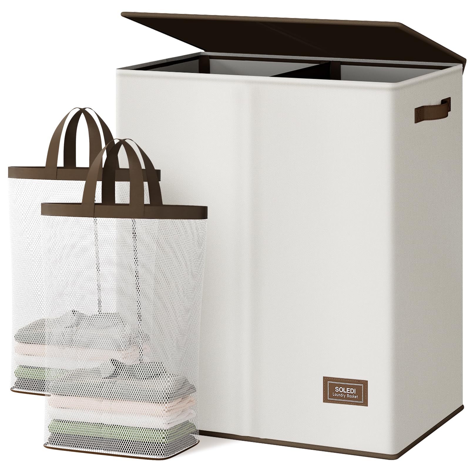 Photo 1 of SOLEDI Luxury Double Laundry Hamper with Lid and Removable Bags, Large Hamper for Laundry, Laundry Basket 2 Sections, Collapsible Ditry Clothes Hamper for Bedroom, Laundry Room, Bathroom, Off-white