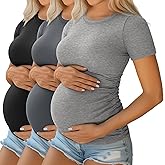 Ficerd 3 Pack Women's Maternity Shirts Cotton Short Sleeve Pregnancy Tops Side Ruched Ribbed Casual Mama tees Clothes