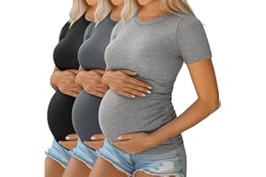 Ficerd 3 Pack Women's Maternity Shirts Cotton Short Sleeve Pregnancy Tops Side Ruched Ribbed Casual Mama tees Clothes