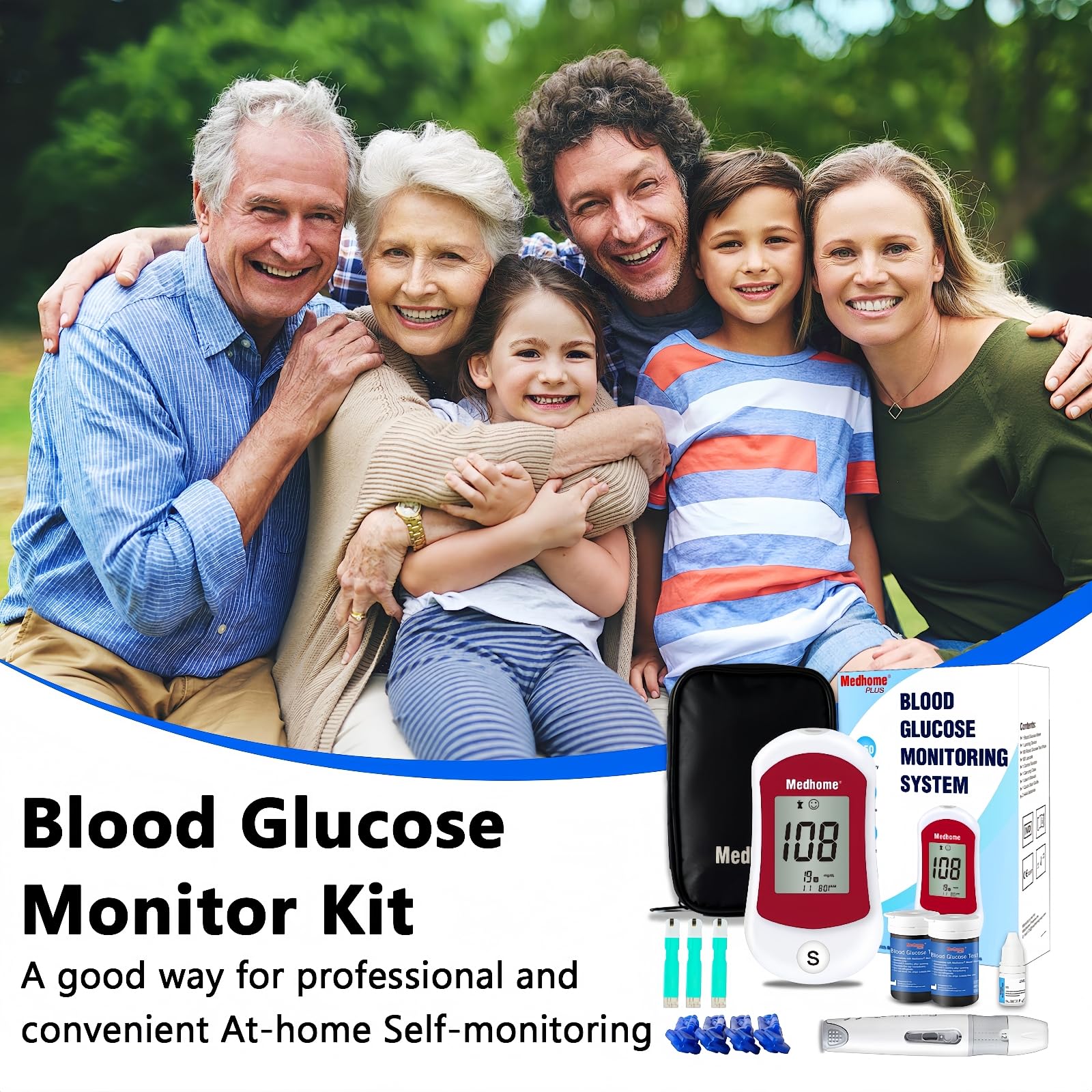 Blood Glucose Monitor Kit, Diabetes Testing with 100 Glucometer Strips,100 30G Lancets, 1 Lancing Device, 1 Blood Sugar Monitor with Control Solution, Large Menory Capacity, No Coding.