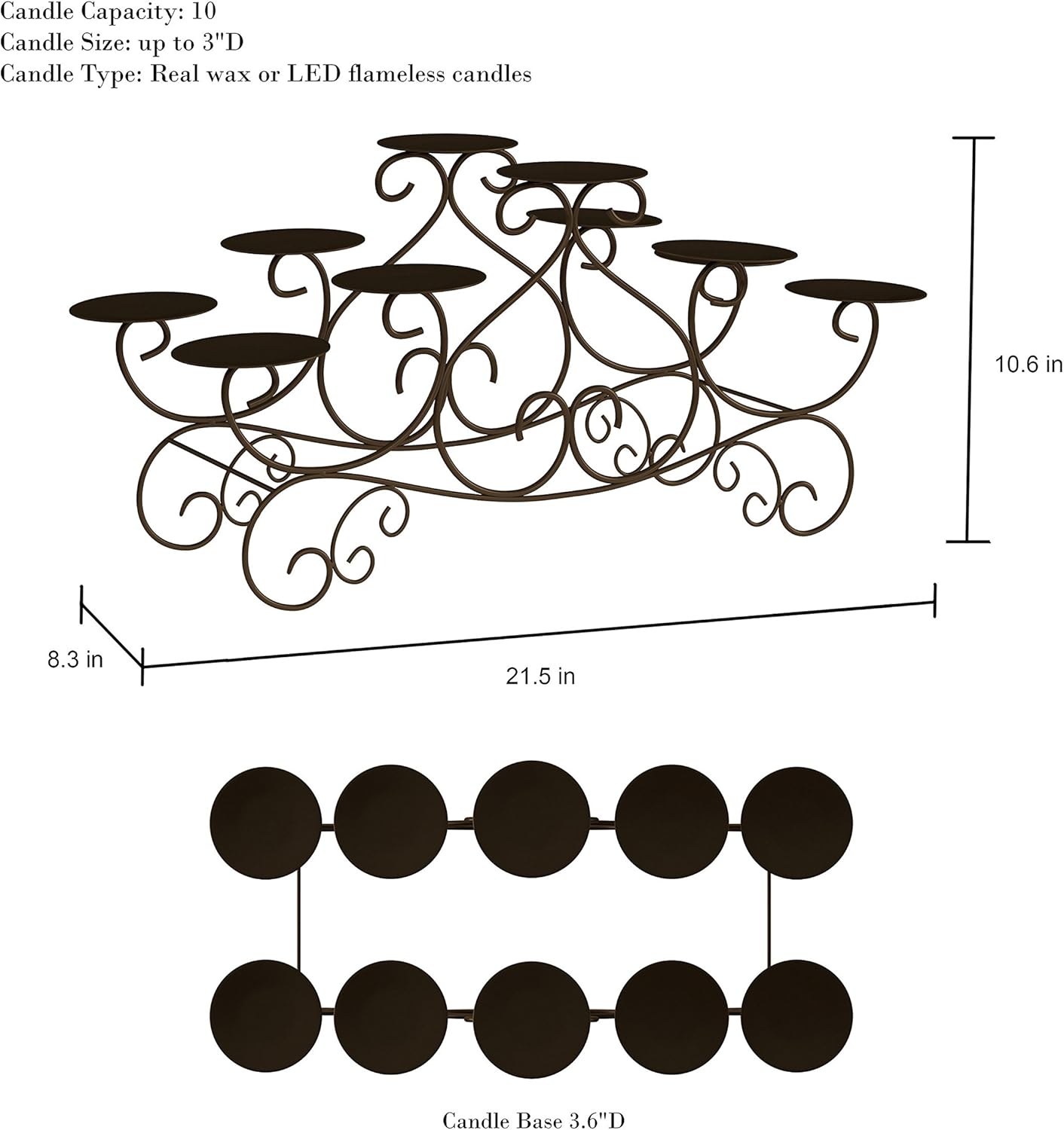 Lavish Home - 80-Multic-5 10 Candle Candelabra with Swirl Design- Handcrafted Iron Candle Holder/Centerpiece for Fireplace, Home Décor, Wedding, Event (Brown), Brown: Home & Kitchen