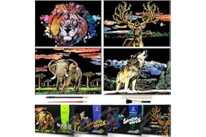 NAIHEY Scratch Art Rainbow Painting Paper Animal 16” x 11.2”, DIY Crafts Womens Hobbies Engraving Art Scratchboard for Adults & Boy, Birthday Gift Set: 4 Sheets (Lion/Elephant/Deer/Wolf)