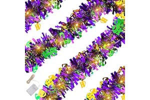 BIGMETA 33ft Mardi Gras Garland with LED String Lights, Thick Full Mardi Gras Decorations with Smiley and Crying Face Pattern, Shiny Tinsel Garland for Indoor Outdoor Decor Carnival Party Ornament