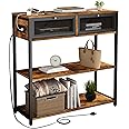 SOOWERY Console Table with Charging Station, 32'' Entryway Table with Doors, Sofa Table Narrow Long with 3 Tiers Open Wood Storage Shelves, for Living Room, Entryway, Foyer, Rustic Brown