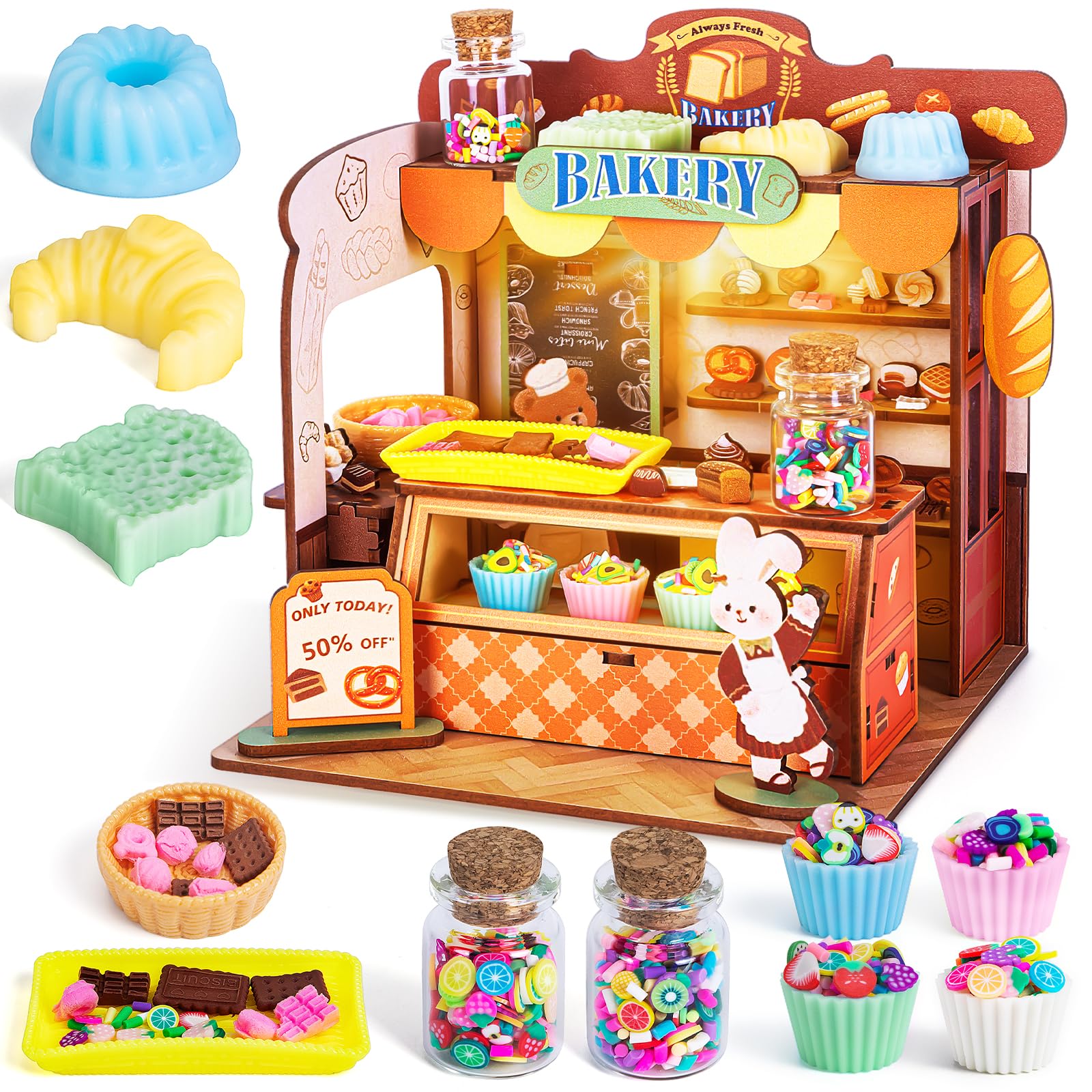 Thedttoy Wooden Dolls House,Craft Kits for Kids with LED Light,Miniature House,DIY Squishy Bread,Baking Role Playing Game,Creative Gift for Girl Age 6+(Bakery)