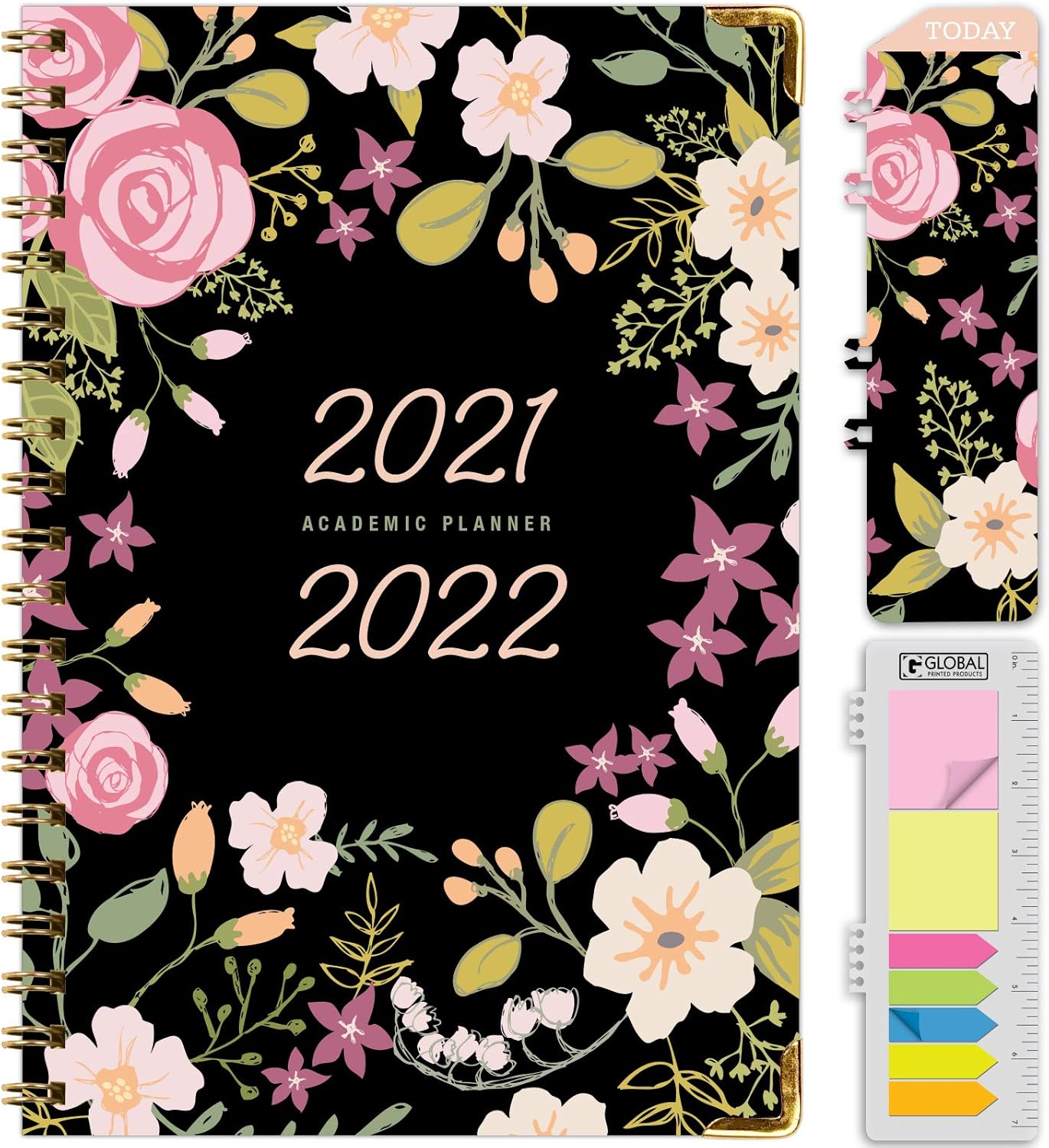 HARDCOVER Academic Year 2021-2022 Planner: (June 2021 Through July 2022) 5.5"x8" Daily Weekly Monthly Planner Yearly Agenda. Bookmark, Pocket Folder and Sticky Note Set (Black Floral) : Office Products