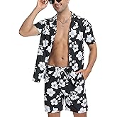 CRYSULLY Mens Hawaiian Two Piece Matching Sets Summer Vacation Beach Outfits Tropical Cruise Button Down Shirts and Shorts