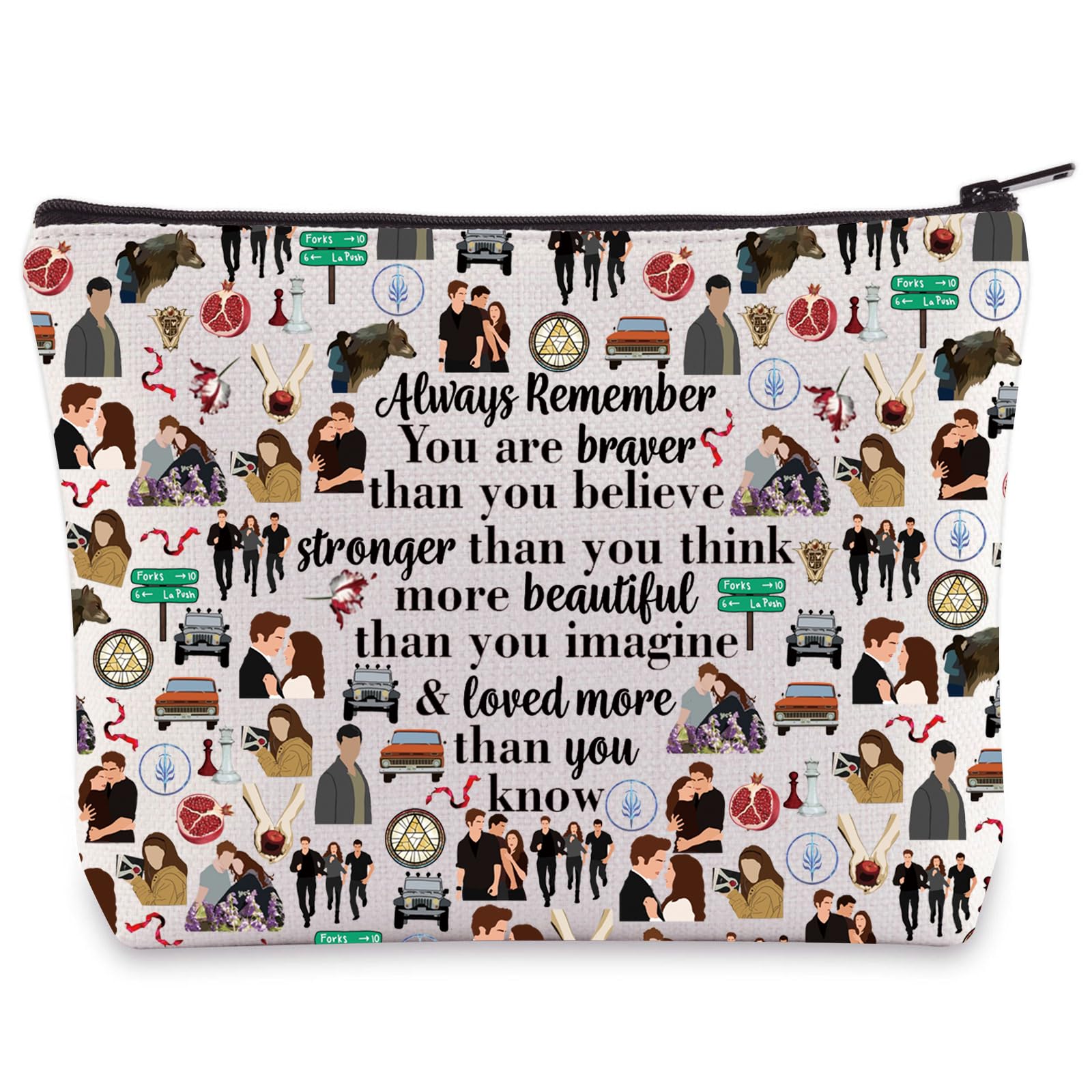 WZMPA Twilight Cosmetic Bag Edward Cullen ＆ Bella Swan Fans Gift You are Braver Stronger Smarter Than You Think Edward Makeup Bag Bella Merchandise (Always Forks)