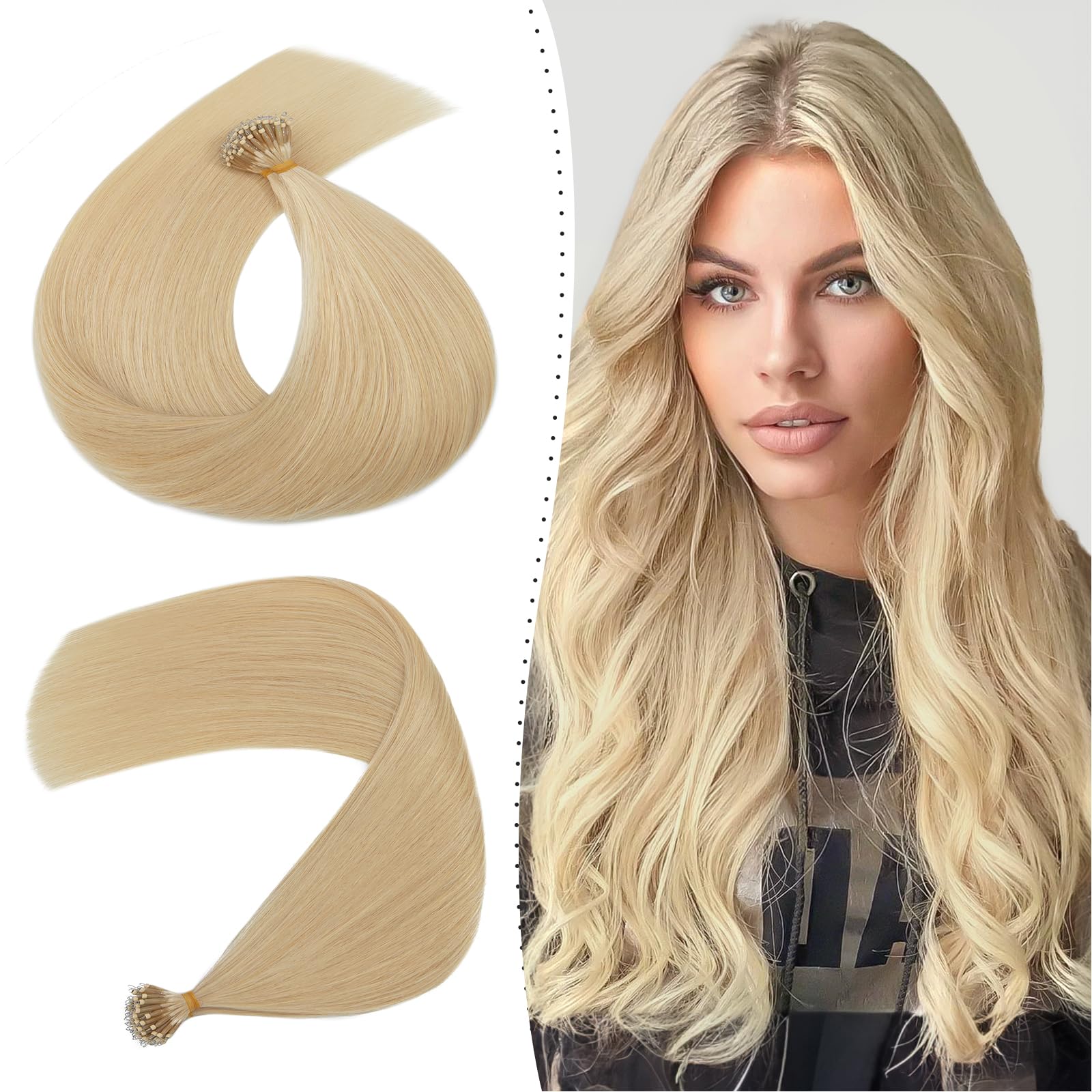 Remy Nano Hair Extensions 50g Cold Fusion 1g/s Nano Hair Beads Pre Bonded 18 inches; #613 Bleach Blonde With Nano Beads Cold Fusion 50 Strands