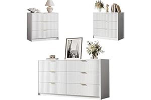 MAISONARIA 3-Piece Dresser Bedroom Set, 6 Drawer Dresser & 3 Drawer Nightstands with Gold Handles, Fluted Wood Chest of Drawers for Bedroom, Living Room, Entryway, White