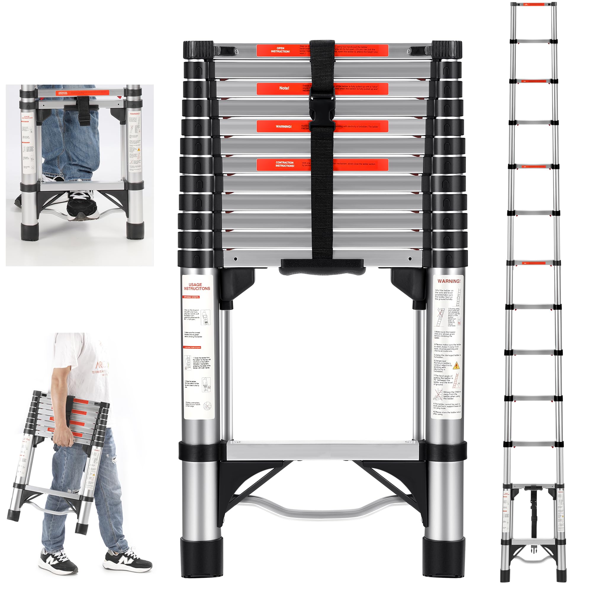 Rectactable Ladder Mua Rengue Telescoping Ladder,12.5 FT One Button Retraction Aluminum ...