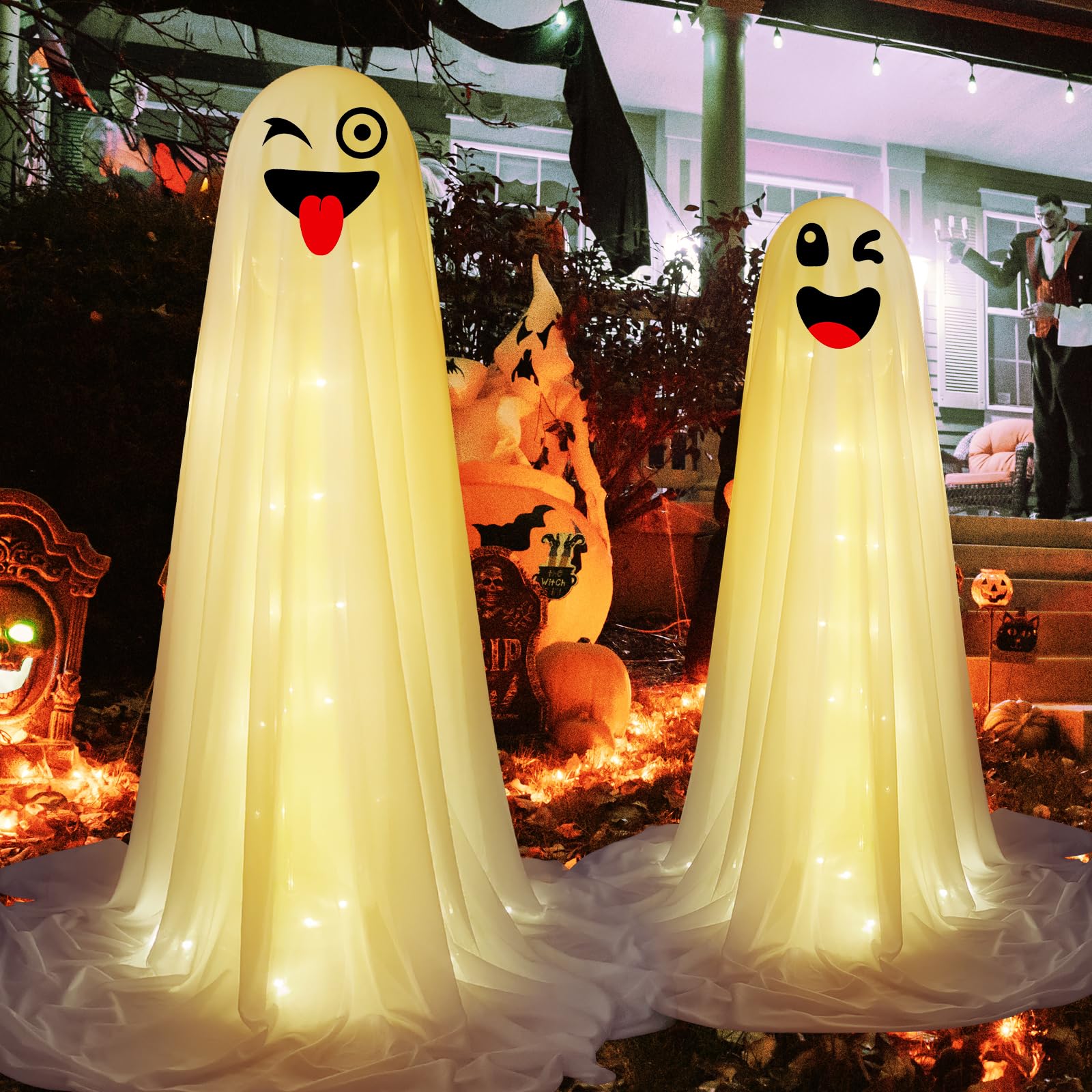Photo 1 of Halloween Ghost Decorations, 2 Pcs Light Up Ghost Kit, Cute Ghost Decoration for Halloween Porch, Lawn, Fireplace | Ideal for Halloween Party Supplies