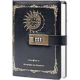 TIEFOSSI Constellation Leather Journal with Lock, Zodiac Moon Sun Diary for Writing, B6 Notebook with Lined Paper for Women & Men (Black)