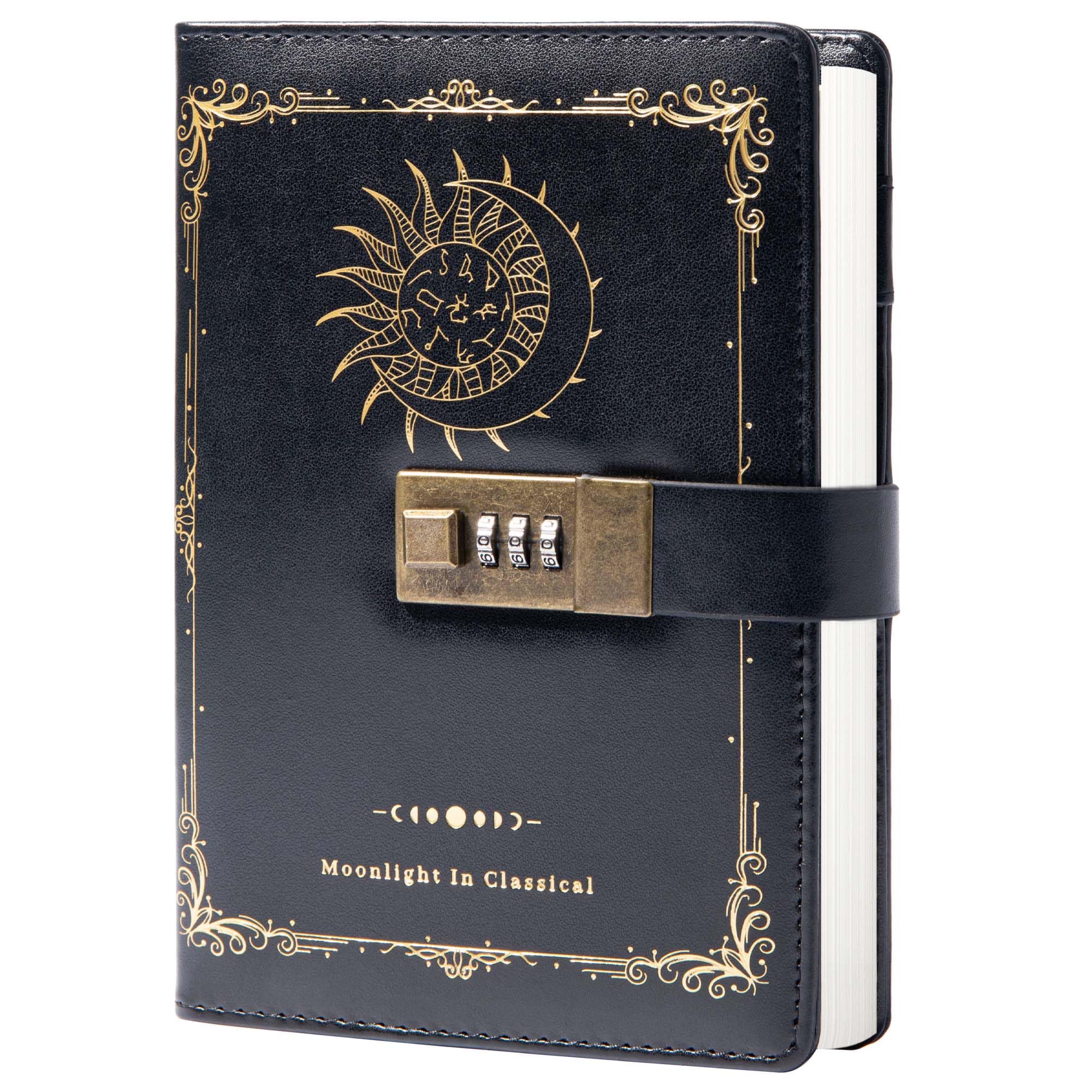 TIEFOSSI Constellation Leather Journal with Lock, Zodiac Moon Sun Diary for Writing, B6 Notebook with Lined Paper for Women & Men (Black)