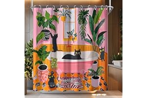 Fowocu Funny Cat Shower Curtain Boho Cute Fun Black Cats Matisse Shower Curtains for Bathroom Kitten Green Tropical Plant Leaves Pink Orange Yellow Waterproof Fabric Bath Curtain Decor 72 X 72 Inches