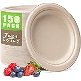 Gezond 100% Compostable Paper Plates 7 Inch, 150pcs Disposable Heavy-Duty Plates Unbleached Biodegradable Plate Made of Sugarcane Fiber