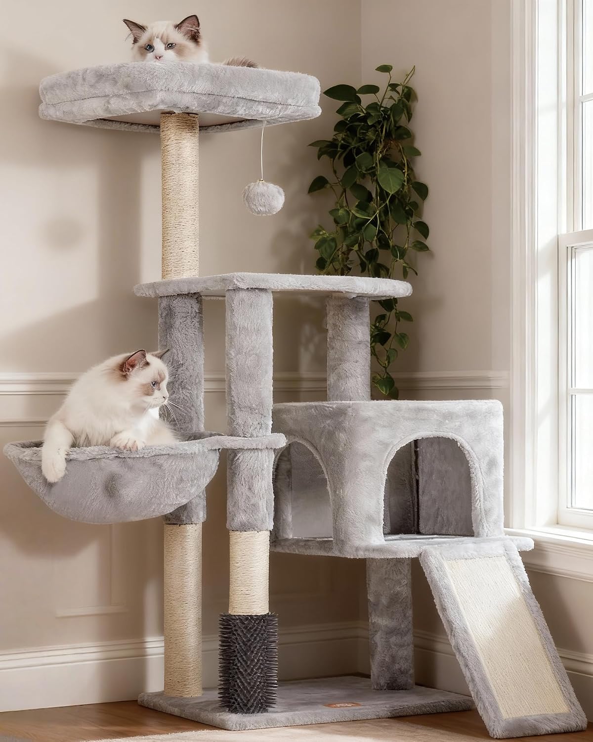 Heybly Cat Tree, Cat Tower Condo for Indoor Cats with Padded Plush Perch and Cat Self Groomer Brush,Cat House with Basket Scratching Board Post, Light Gray HCT005SW