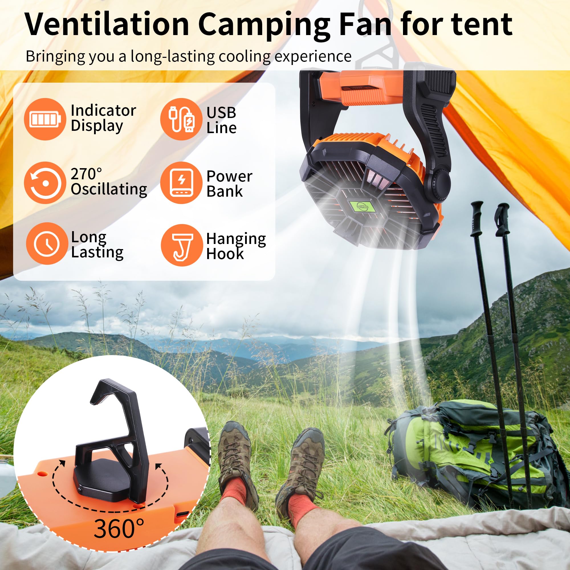 TDLOL Portable Fan Battery Powered Fan Rechargeable,270°Pivot Battery Operated Camping Fans with LED Light & Hook,USB Personal Rechargeable Outdoor Camping for Tent, Travel