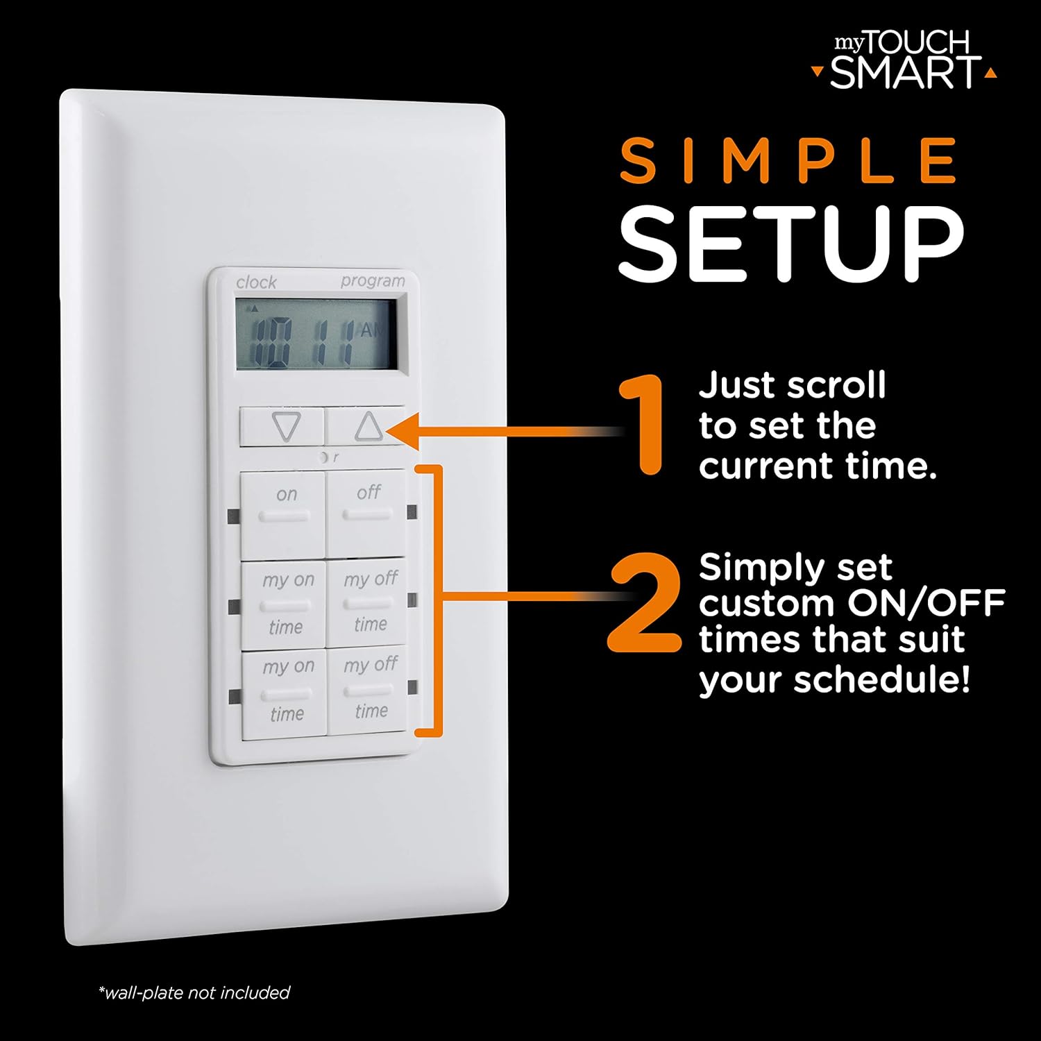 myTouchSmart In-Wall Digital Timer, 4 Programmable On/Off Buttons, 2 Easy On/Off Buttons, 24 Hour Daily Cycles, Blue LED Indicators, with Battery Backup, for Indoor/Outdoor Lights, Fans, 26893 - - 