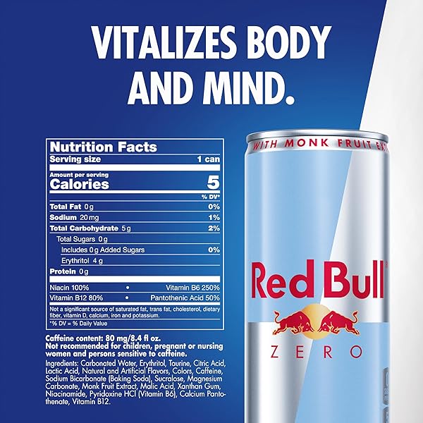 RED BULL ZERO ENERGY DRINK, 8.4 FL. OZ., WITH 80MG CAFFEINE, TAURINE & B VITAMINS, PACK OF 4 CANS