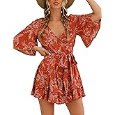 Relipop Women’s Summer Romper Floral V Neck Short Sleeve Waist Tie Ruffle Hem Vacation Outfits 2026 Casual One Piece Jumpsuit