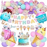 75Pcs Ice Cream Birthday Party Decorations for Girls Kids, Pastel Ice Cream Balloon Garland Arch Kit First Two Sweet Birthday Banner Foil Sprinkle Long Twist Balloons Cupcake Toppers Party Supplies