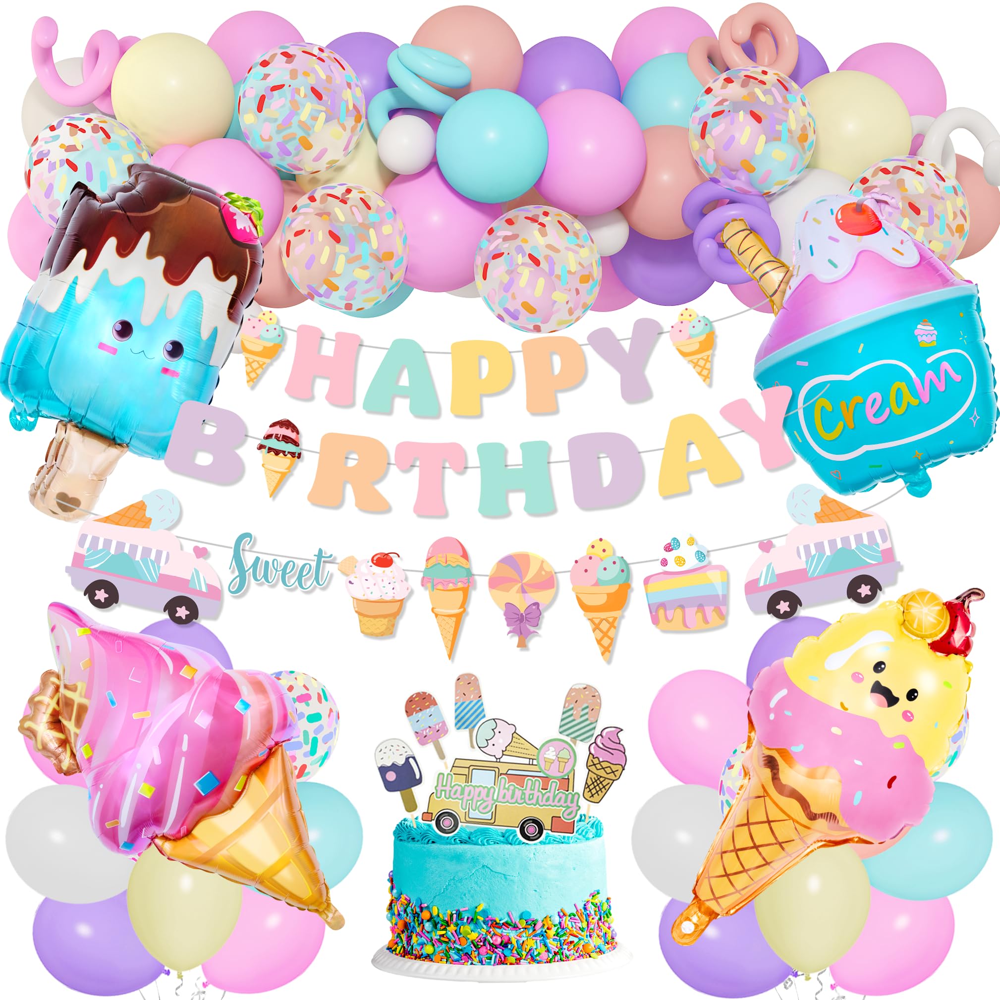 Photo 1 of 75Pcs Ice Cream Birthday Party Decorations for Girls Kids, Pastel Ice Cream Balloon Garland Arch Kit First Two Sweet Birthday Banner Foil Sprinkle Long Twist Balloons Cupcake Toppers Party Supplies