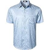 JOGAL Mens Jacquard Shiny Satin Shirts Short Sleeve Regular Fit Casual Button Down Shirt Summer Beach Shirts with Pocket