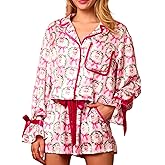 NUFIWI Christmas Cute Bow Pajama Sets for Women Tie Knot Buttons Shirt and Shorts Silk Print 2 Piece Pjs Loungewear Suits