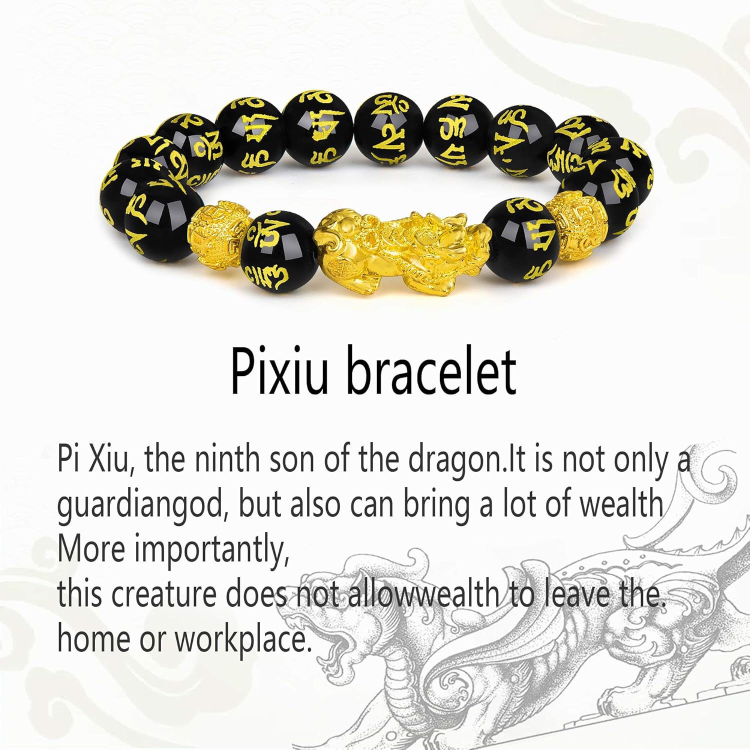 2 Pcs Feng Shui Black Obsidian Wealth Bracelet 12mm Beaded Pixiu Bracelets for Men Sanskrit Hand Carves Mantra Bands for Women Bracelets: Jewelry