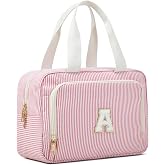ZOEMTIU Large Initial Makeup Bag with Compartments,Striped Seersucker Toiletry Organizer with Handle, Personalized Monogram Cosmetic Bag for Skincare,Travel &amp; Daily Storage -Pink A