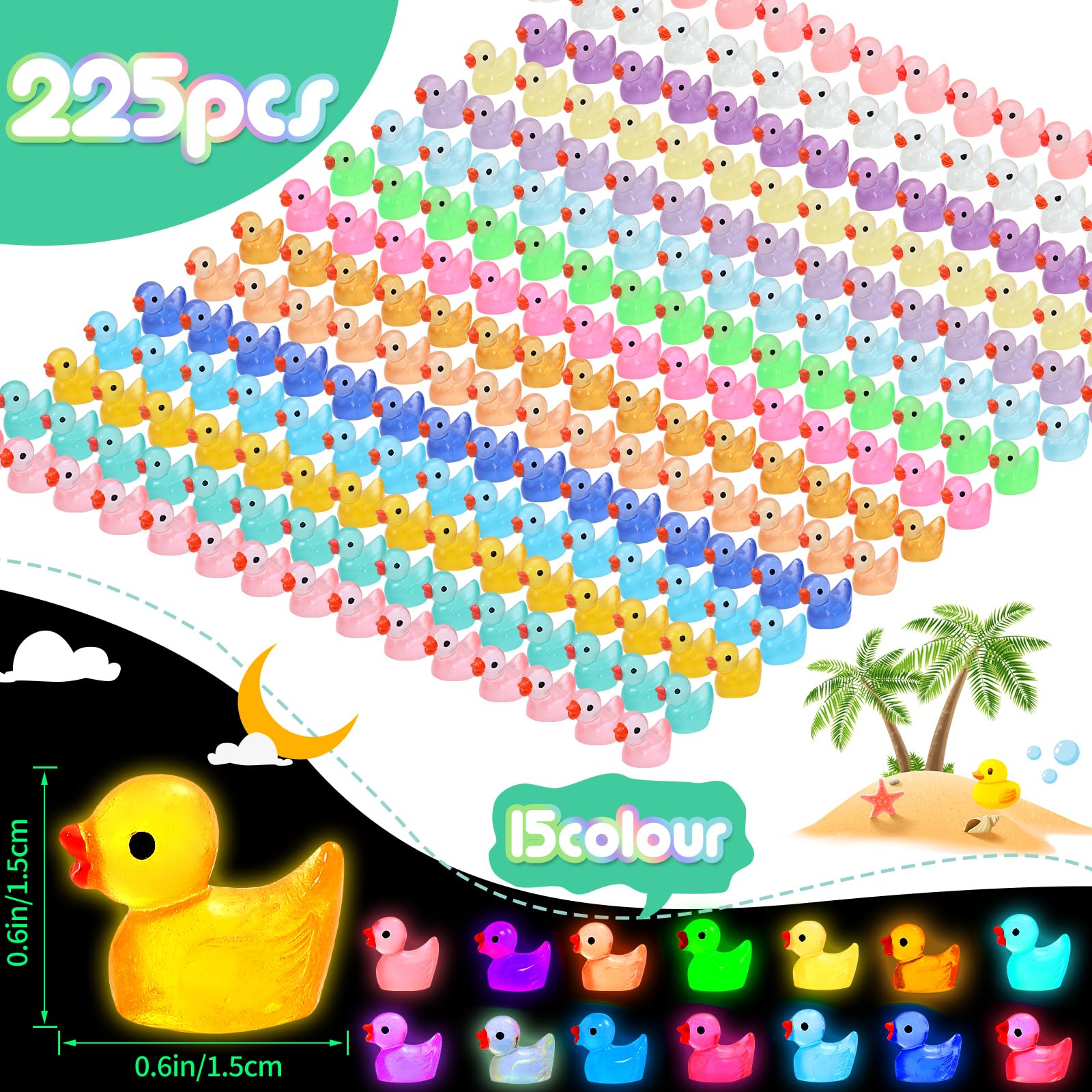 225 Pcs Luminous Mini Resin Ducks Bulk 15 Colors Tiny Duck Glow in The Dark for Garden Micro Landscape Dollhouse Aquarium Potted Ornament Charms Birthday Party DIY Toys Craft Accessories