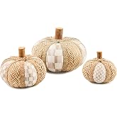 MACKENZIE-CHILDS Rattan Pumpkins Set, Brown-and-White Mocha Check | Handcrafted design, Halloween tabletop decor, small (4.5" x 4"), medium (6" x 4.5"), and large (8" x 5.5") pumpkins, set of 3
