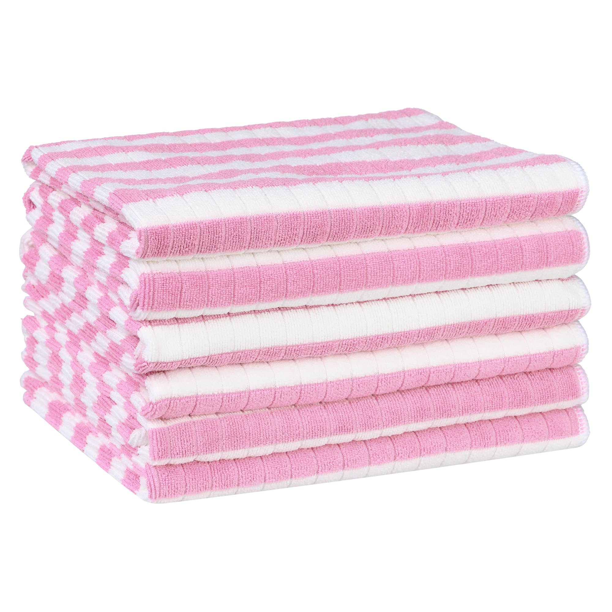 Uxcell Dish Towels, 45cm x 66cm, Soft and Absorbent, Contrast Color Stripes Microfiber Kitchen Towels for Home, Kitchen, Table Pink Pack of 6 — image 1