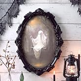 Kathfly Halloween Ghost Mirror Wall Art Decor, Gothic Oval Wall Hanging | 13.8 Inch Oval Resin Frame, Cute Swing Ghost Print, Spooky Vintage Haunted Mirror Hanging Art for Halloween Indoor Home Decor